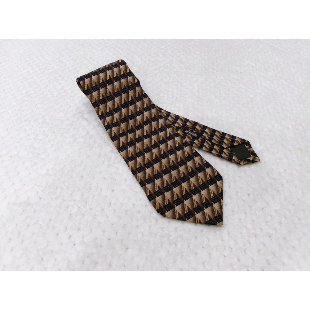 JZ Richards Mens 4"x59" Necktie Brown Navy Blue Geometric Silk Hand Crafted USA